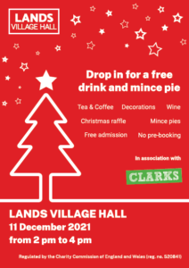 Flyer for Lands Village Hall Christmas Event sponsored by Clarks Eggs.