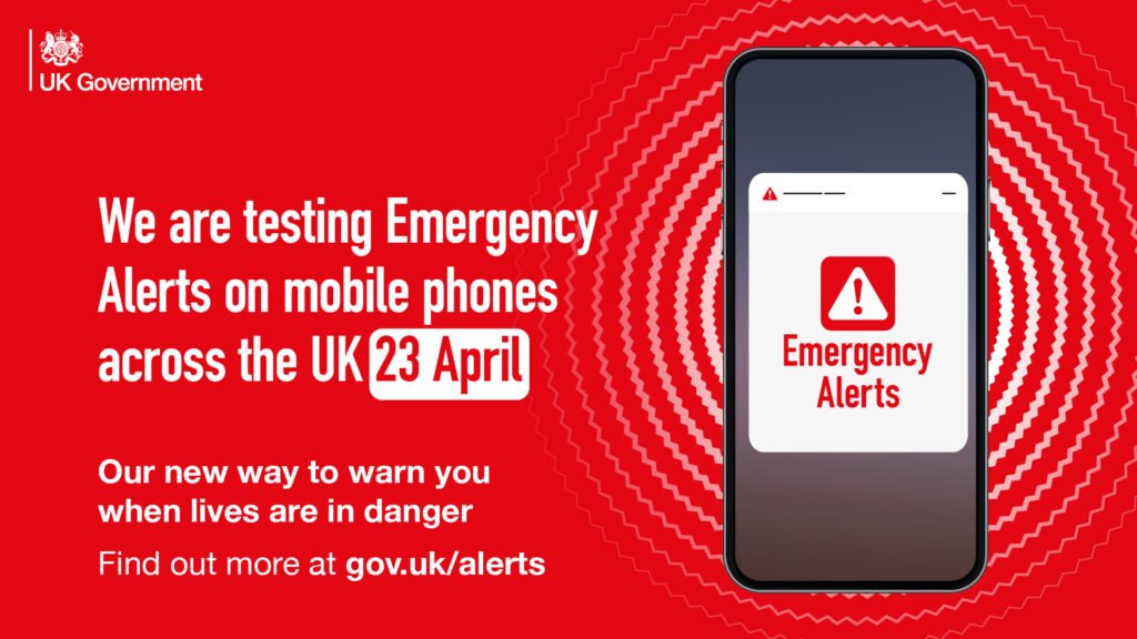 UK emergency alerts test on 23 April 2023 at 3pm. More information at gov.uk/alerts